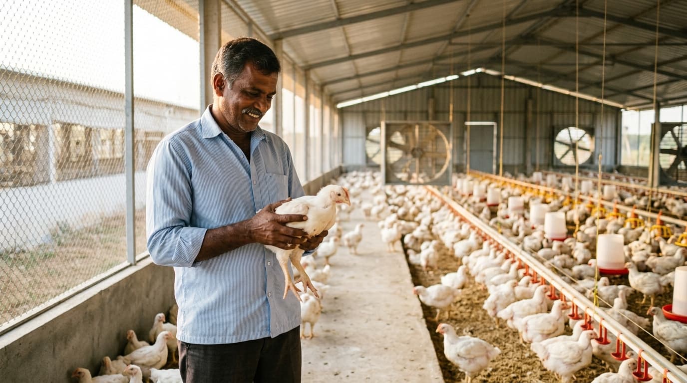 Authentic poultry farmer caring for flock with genuine dedication