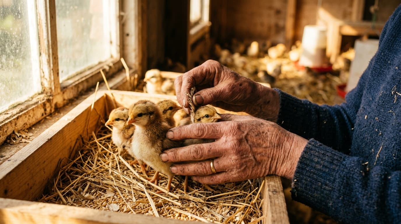 Hands of a poultry farmer gently caring for flock in natural morning sunlight
